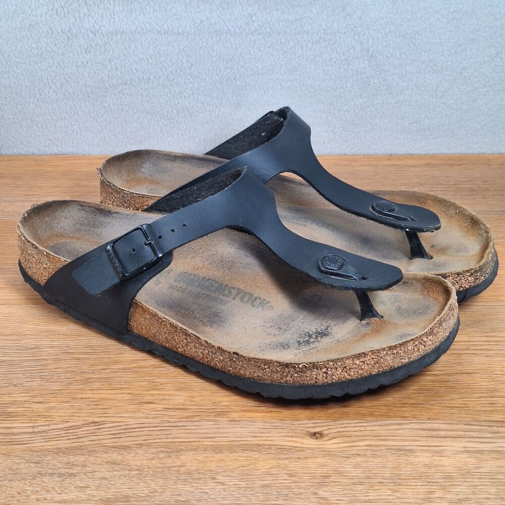 Birkenstock Womens 40 9 9.5 Gizeh Thong Sandals Faux Leather Vegan Black Germany